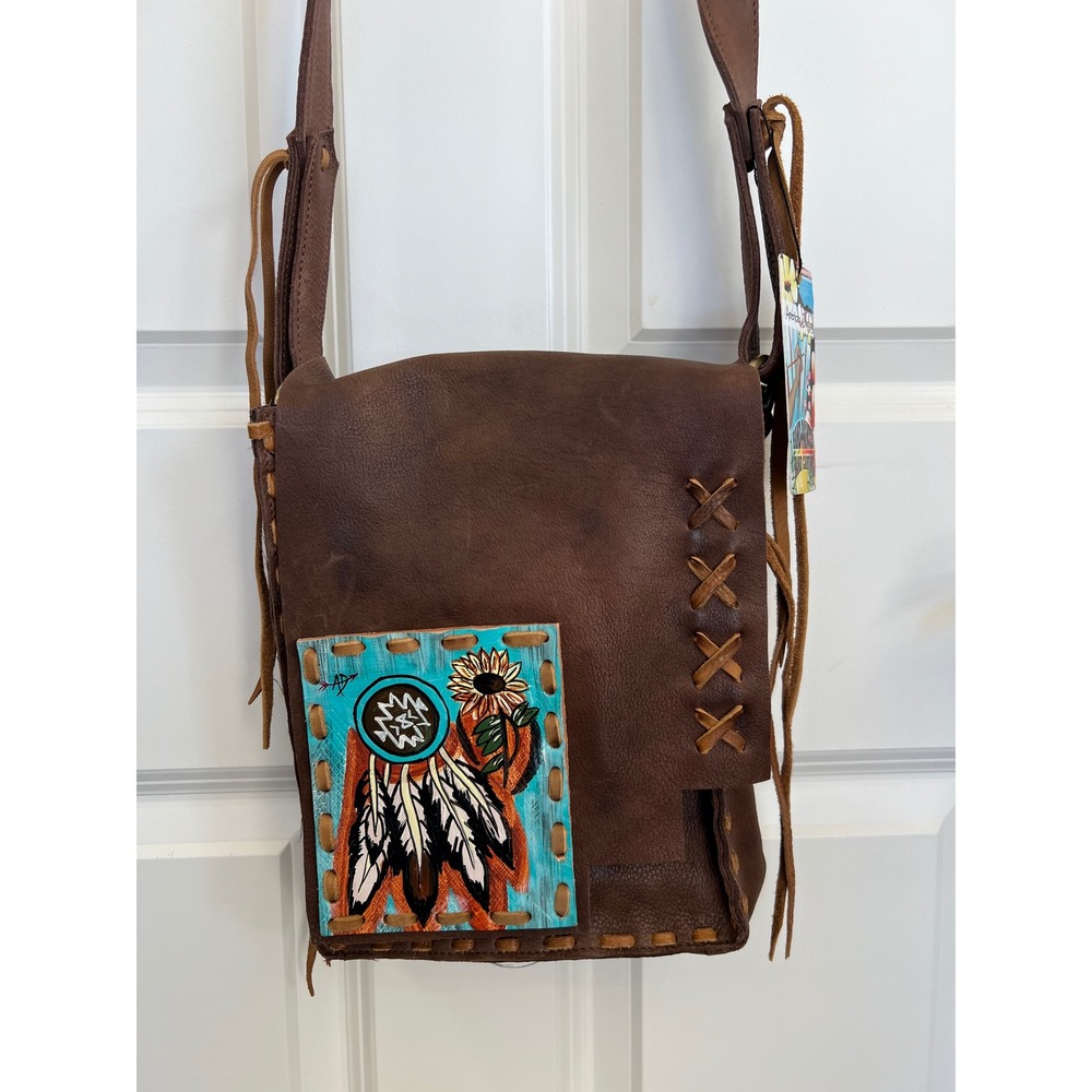 NWT American Darling Hand Painted Dream Catcher Brown Leather Crossbody Bag